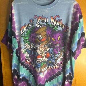 Alice in Wonderland Liquid Blue Tie Dye T-Shirt, Mad Hatter & Cheshire Cat, XL